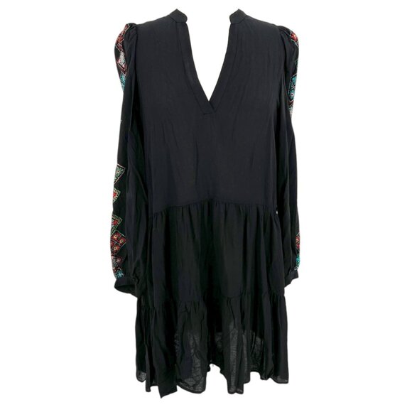 Desigual Ethnic Sleeve Embroidery Print Black Tiered Boho Dress Size Small - Picture 2 of 13